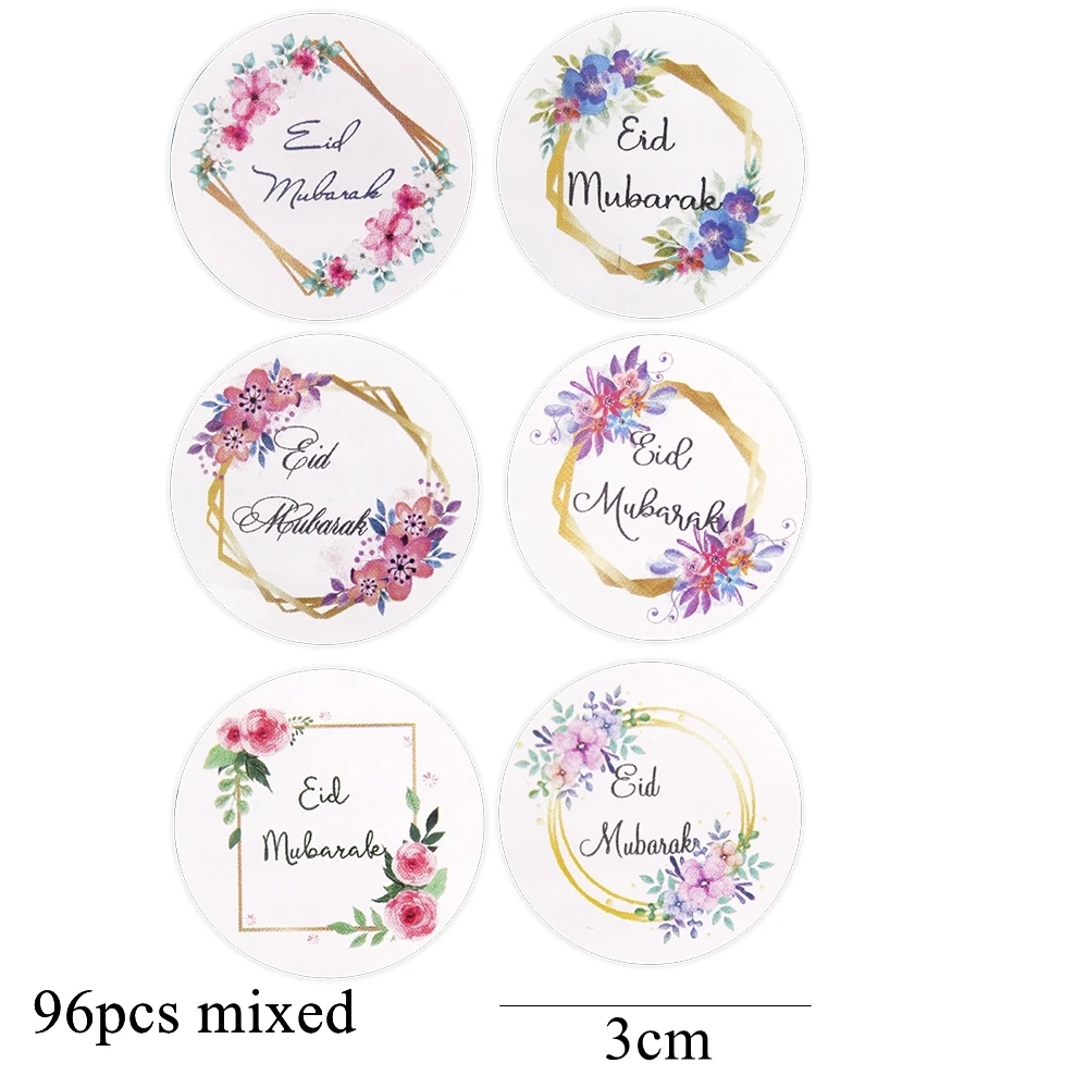 96PCS Flower Wreath Stickers Eid Mubarak Paper Stickers for Ramadan Kareem Muslim Islamic Party Decoration Gifts Wrapping Supply