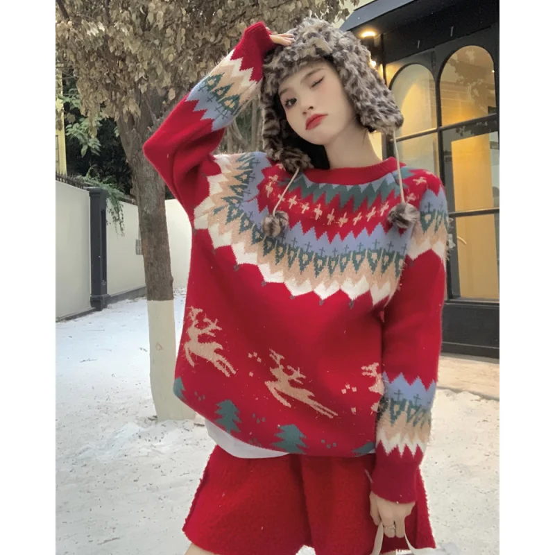 

Red Women Clothing Vintage Knitting Sweater Cashmere Contrasting Colors Fashion High Quality Simplicity NEW Female Spring Tops