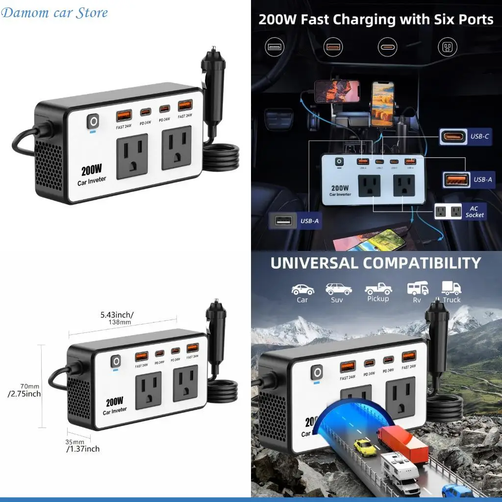 

A2UC High Efficiency 200W Auto Power Inverter DC12V to AC110V with USB C & USB A Ports Suitable for Efficient Device Charging