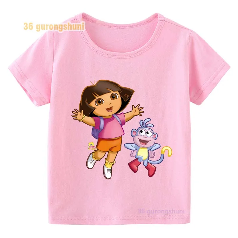 Funny Cartoon Dora T Shirt For Girls Pink Tops Graphic Tee Children clothing Kids Clothes Girl 8 To 12 Summer baby Short Sleeve