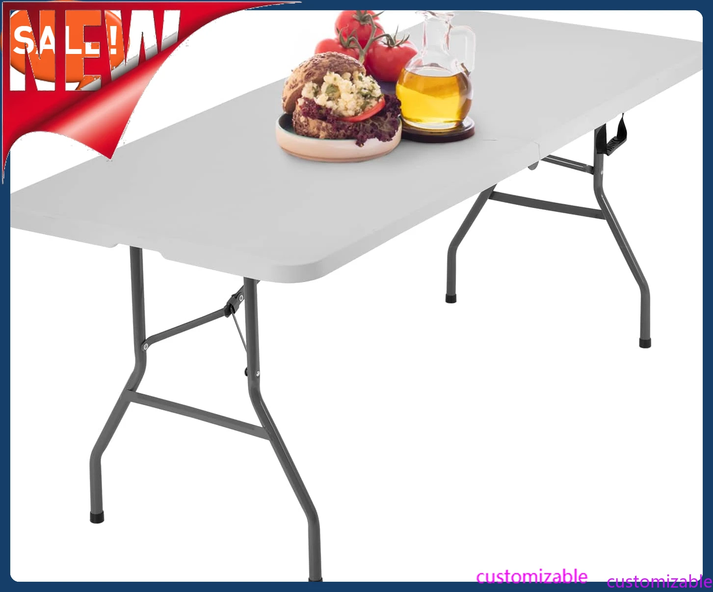 Customizable-6FT Picnic Table Folding Camping Plastic Fold Up Lock For Party Event,White