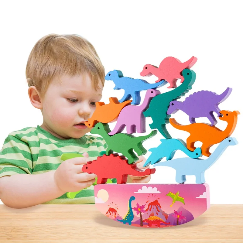 Bloques de construcción de ensamblaje de equilibrio de madera de dinosaurio, juegos de mesa apilados, juguetes educativos tempranos divertidos, balancín de colores para niños, regalo