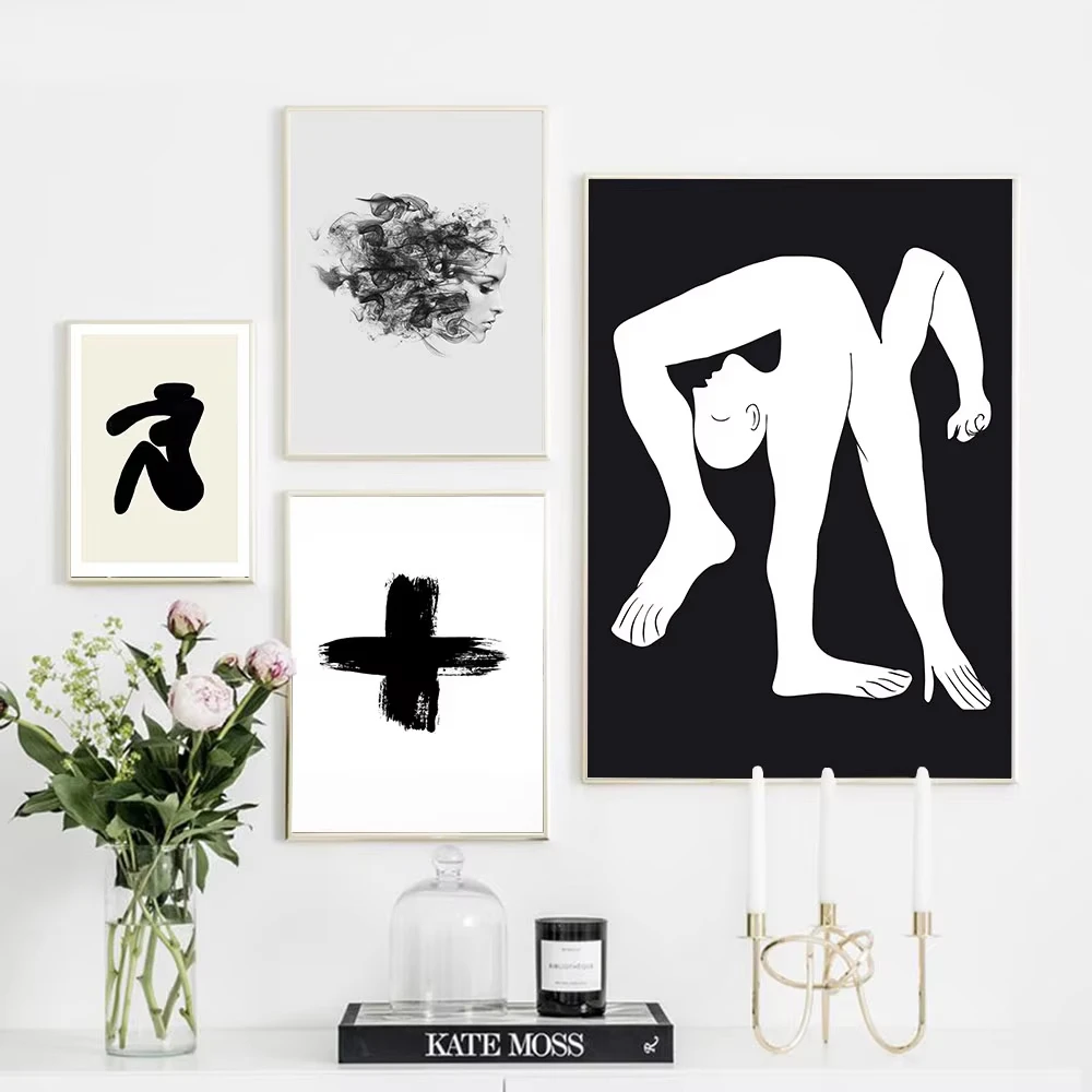 Abstract Human Body And Face Poster Black White Cross Canvas Line Drawing Painting Art Print Wall Picture Living Room Home Decor