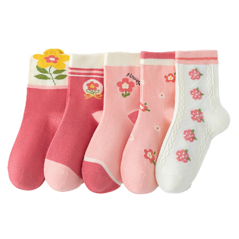 Girls Socks 5 Pairs Cute Pink Flower Print Children Mid‑Calf Socks Soft Breathable Kids Casual Crew Socks For 2‑12Y Girls