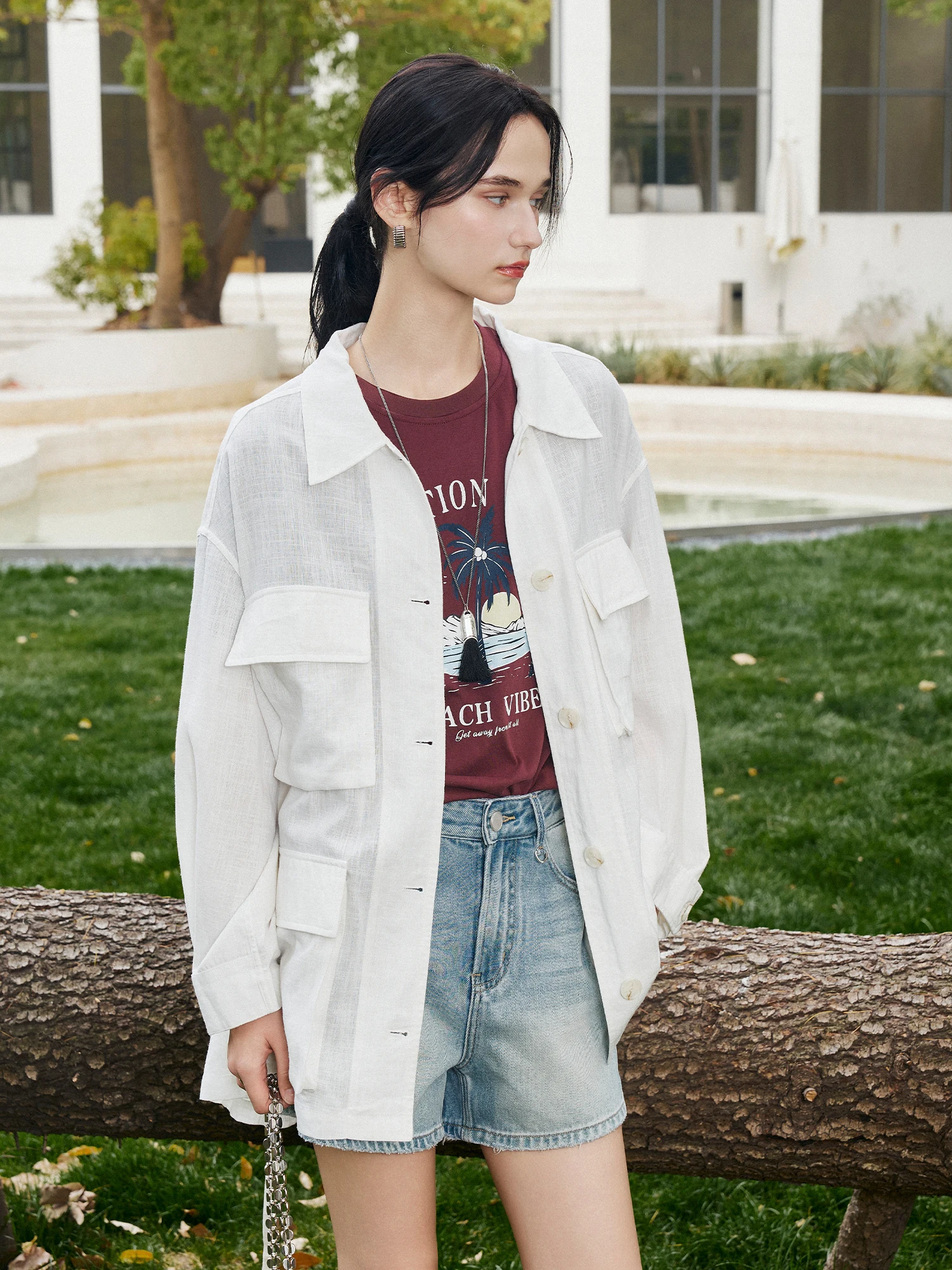 

CLMX l Texture Linen Lyocell Blend Coat with Dstring Collar Workwear Sle Trousers Fem Spring Summer Outerwear