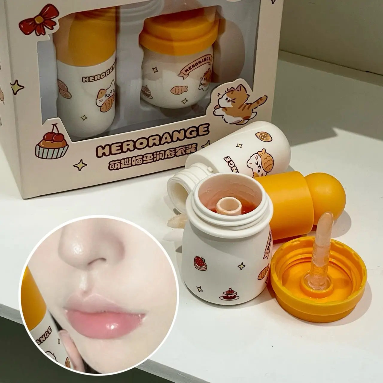 Herorange Cute Cat-Fish Lip Balm Set Day & Night Double Care Moisturizing Anti Dry Crack Lip Care Gift Box