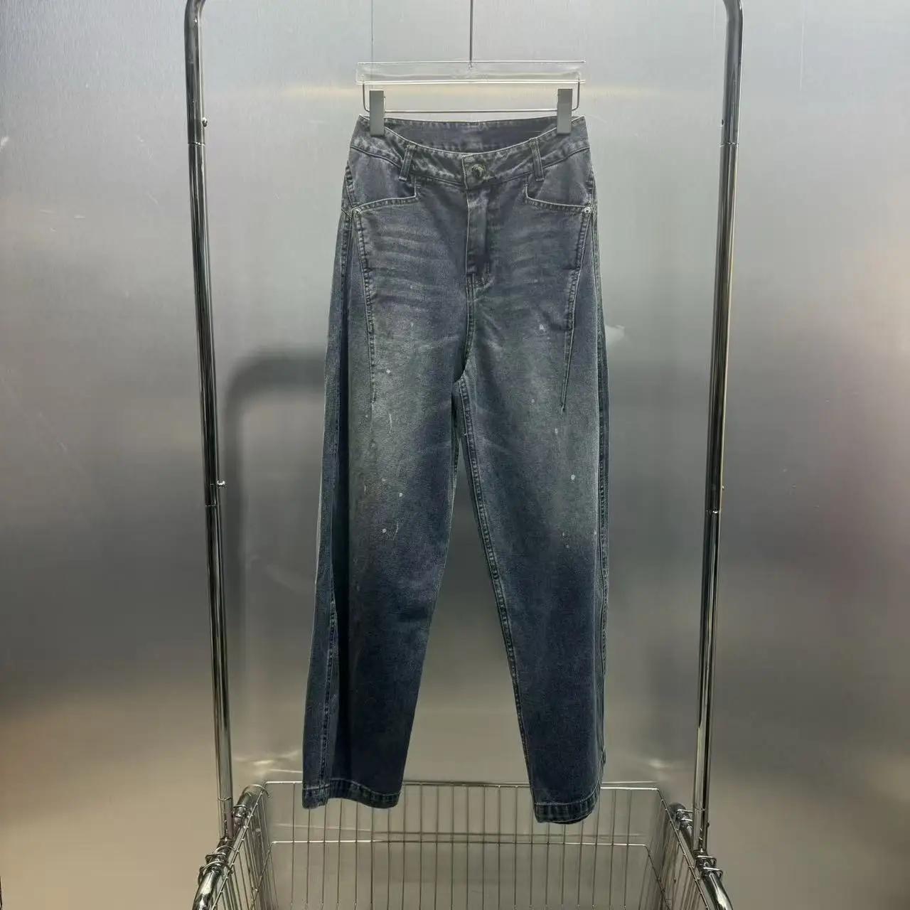 

Womens Loose Wide Leg Denim Jeans Winter New Style American Casual Washed out Vintage Cotton Natural Waist Button Closure