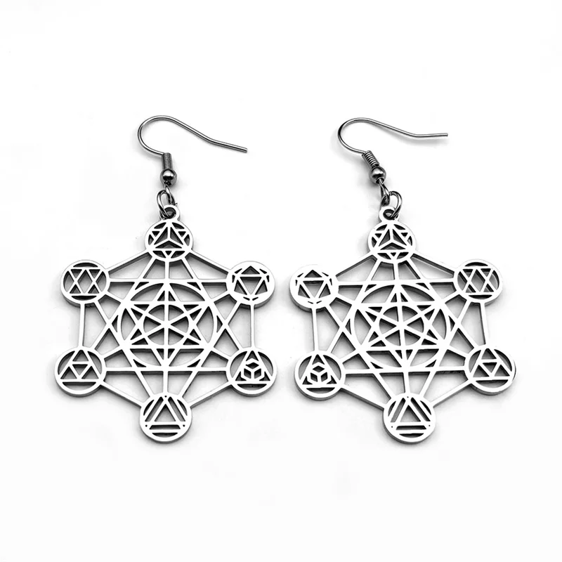 Vintage Large Archangel Metatron Cube  Geometry Flower of Life Earring for Women Men Stainless Steel Silver Color Lucky Jewelry image 5
