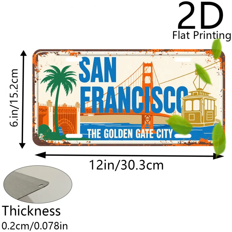 HD Tin Sign, Vintage San Francisco Golden Gate City License Plate Metal Wall Art, Retro Golden Gate Bridge Cable Car Decor for B