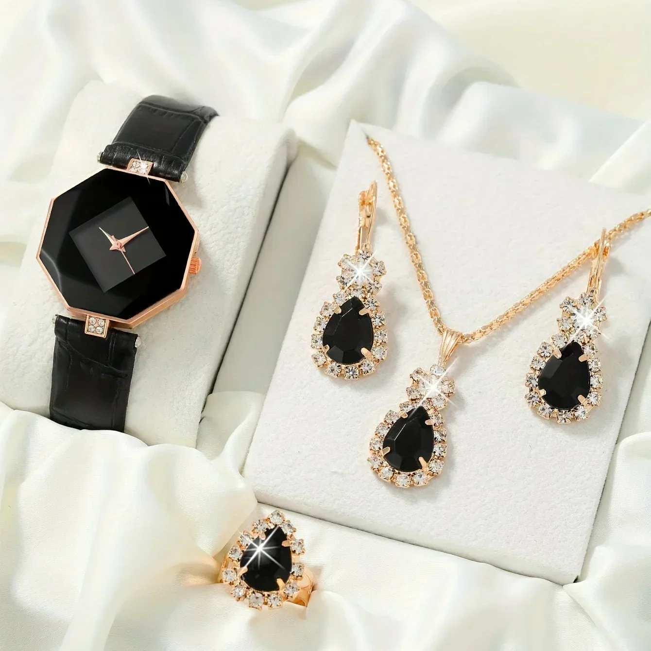 1pc Rhinestone Decor Quartz Watch Casual Analog Dress Watch & 4pcs Jewelry Set, Gift For Mother's Day Valentine's Day