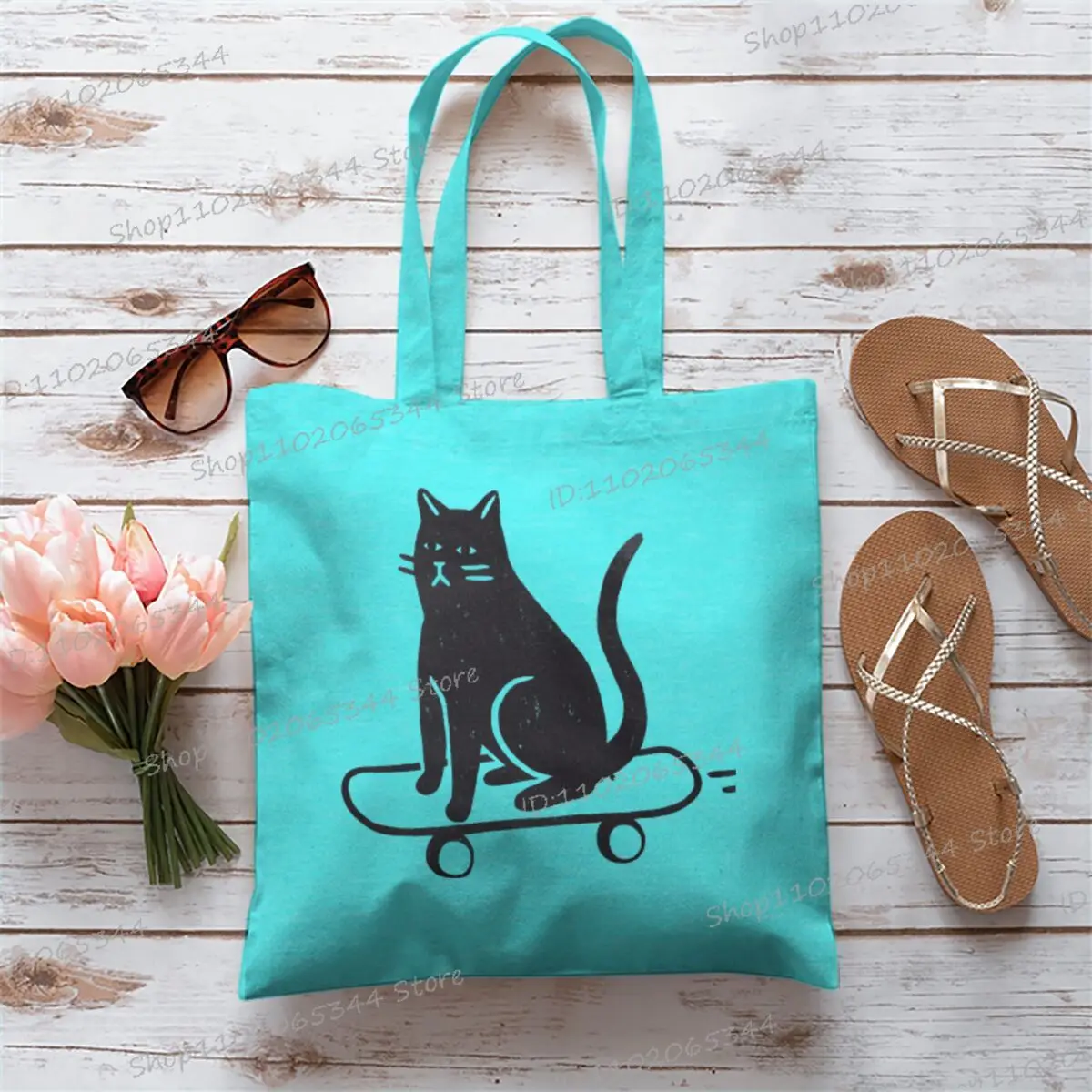 حقائب كتف نسائية خفيفة الوزن مضيئة موضة لوح التزلج القط قماش حمل حقيبة التسوق للمتسوقين حقيبة يد لا سستة فتاة حقائب اليد