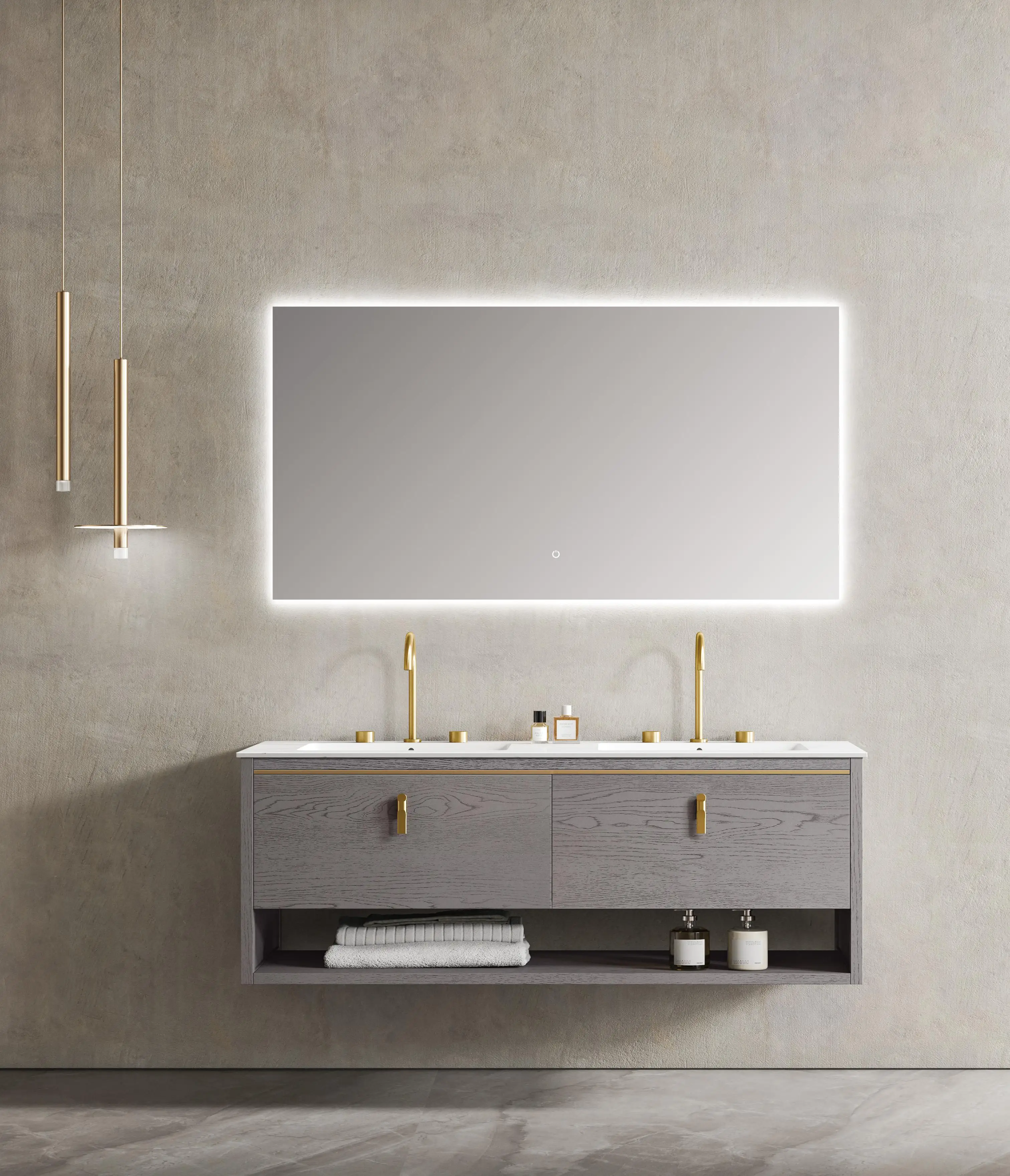 Imagen 5: Mueble de lavabo de baño montado en la pared de madera maciza moderno, tocador resistente al agua, espejo LED, muebles de construcción para casa y Hotel