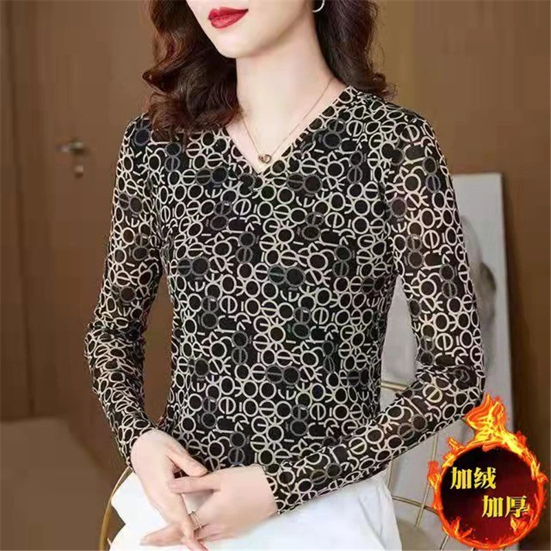 Womens Clothing 2023 Autumn and Winter Thick Letter Print Elegant Basic T-shirts Sexy Mesh V Neck Long Sleeve Slim Pullover Tops
