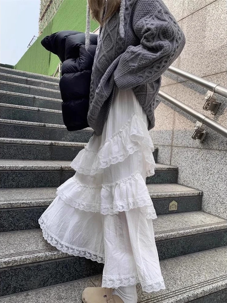 

HOUZHOU Korean Fashion White Ruffle Lace Skirt Women Fairycore Vintage High Waist Irregular Patchwork Long Skirt Cute Streetwear