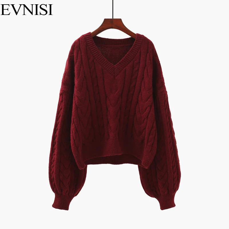 EVNISI Women Loose Wool Sweater Puff Sleeve Knitted Warm Sweaters V- Neck Solid Color For Women Pullover Jumpers Winter