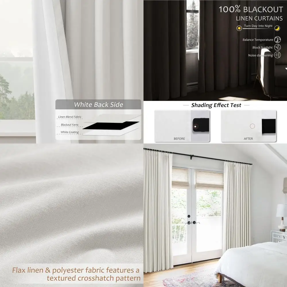 

Ivory 100% Blackout Pinch Pleated Linen Curtains 96 Inches Long for Living Room Bedroom Pinch Pleat with Hooks Back Tab Linen Dr