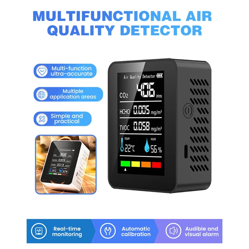 Monitor Kualitas Udara 5 In 1 Detektor Kualitas Udara Detektor C02 Penguji HCHO TVOC Penguji Kelembaban Suhu LCD-TCE
