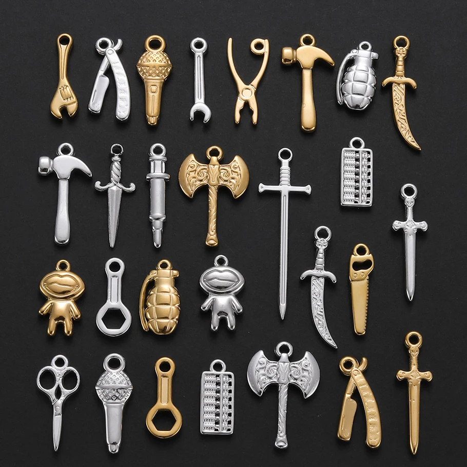 8Pcs Stainless Steel Cute Punk Tool Wrench Axe Pendant For Bracelet Jewelry Making Punk Sword Cross Hammer Charms Wholesale Bulk