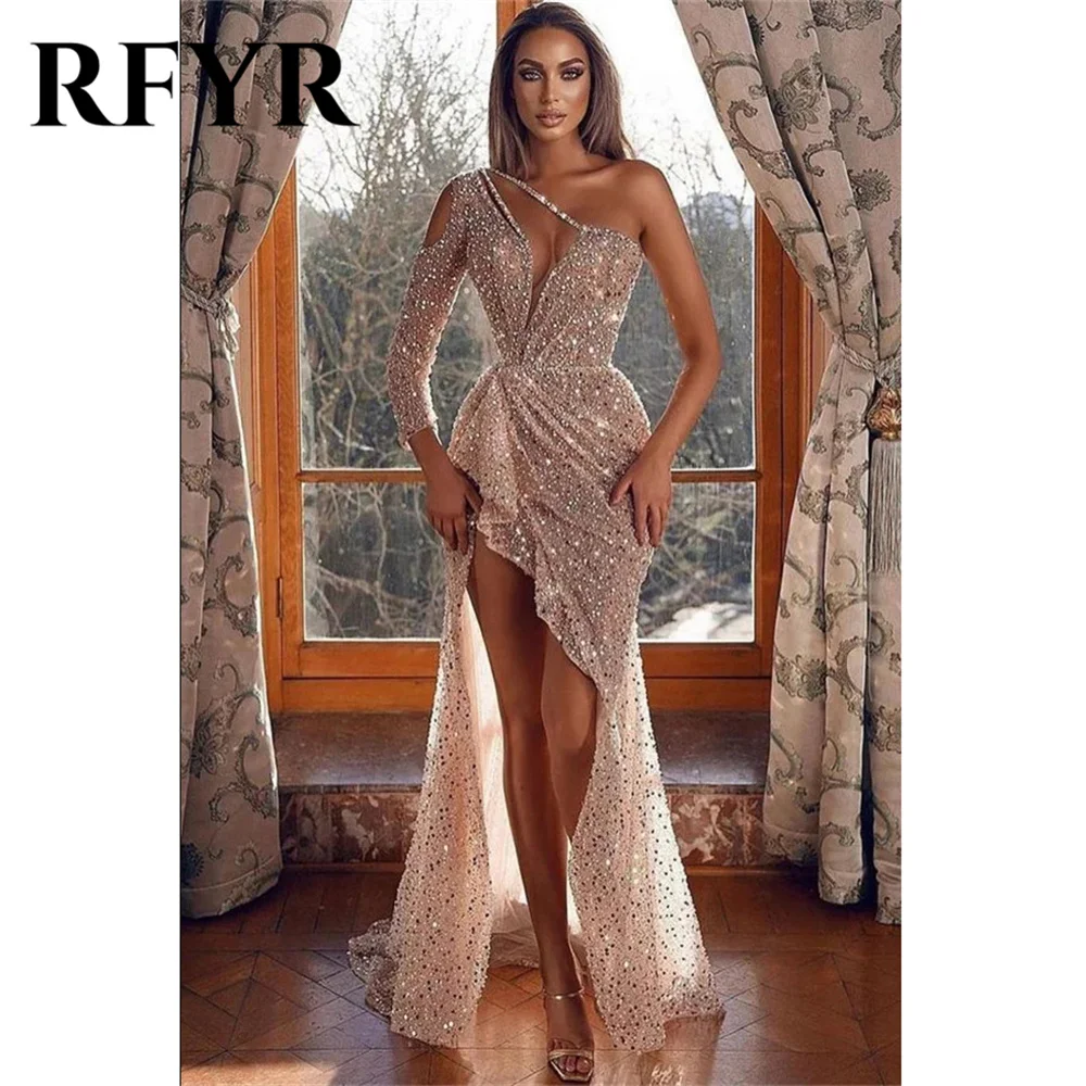 RFYR Classy Rainstone One Shoulder Long Sleeves Evening Dresses With Appliques Party Dress Sexy High Side Slit Robe De Soirée