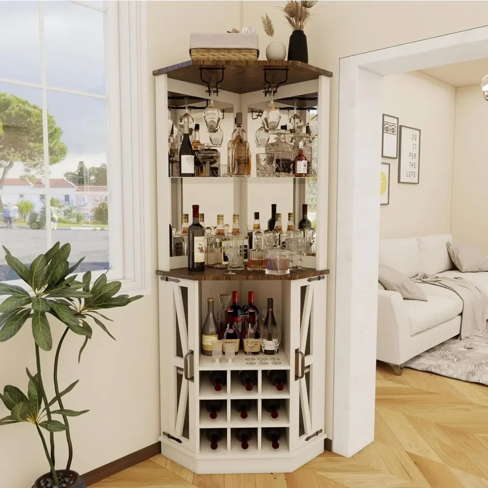 Wine Bar Cabinet with Led Lights and Mirror, Tall Liquor Cabinets Coffee Bar Cabinets, Display Cabinet Corner Wine Rack