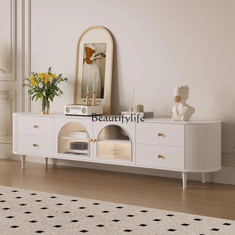 

Cream solid wood floor-to-ceiling TV cabinet coffee table combination living room household French small apartment TV cabinet
