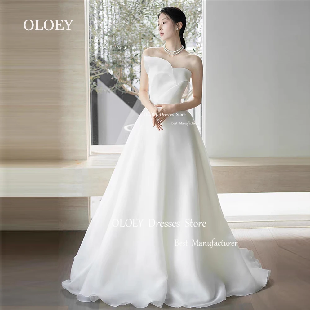 OLOEY Elegant Ivory Wedding Dress Korea Photoshoot Sweetheart Pleats Silky Organza Bridal Gown Sleeveless Floor Length Custom