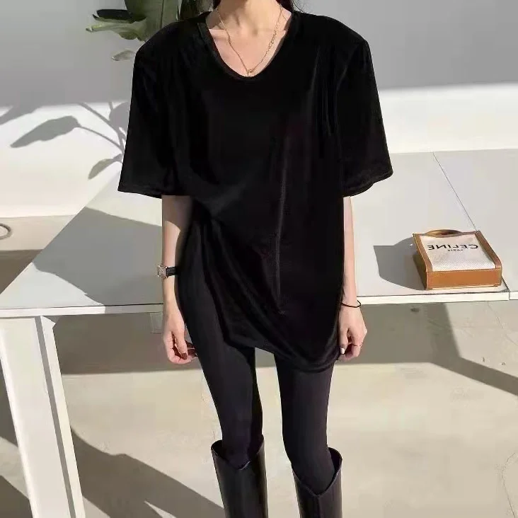 Spring Autumn V-Ne Padded oulder Open Split Loose Velvet ort Sve T-irt Women's Top Comfortable Breathable Casual Wear