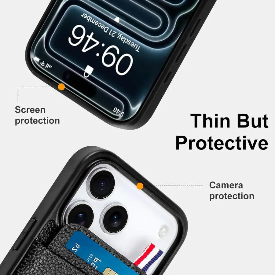 Черный кожаный чехол-кошелек для телефона с держателем для карт для iPhone 17 Pro 2025, совместимый защитный чехол для мужчин и женщин — прочный Sli