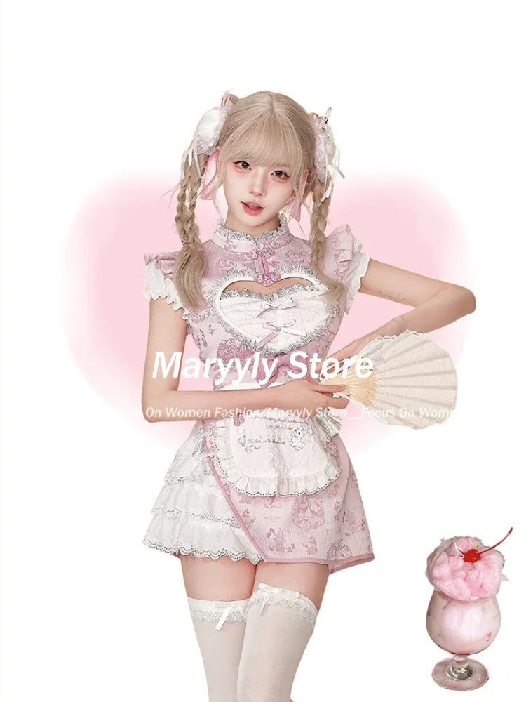 Japanese Vintage Kawaii mini Dress Women sweet Lolita Lace Bow Mini Dress Female casual y2k Patchwork Apron Slim one piece Dress