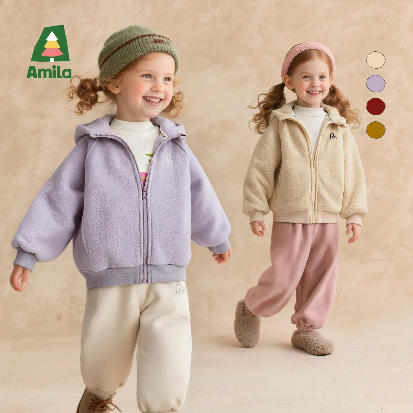 Amila 2026 Kids Winter Warm Fleece Coat Light Purple Crimson Yellow Apricot Sports and Leisure Children's Outdoor Exploration