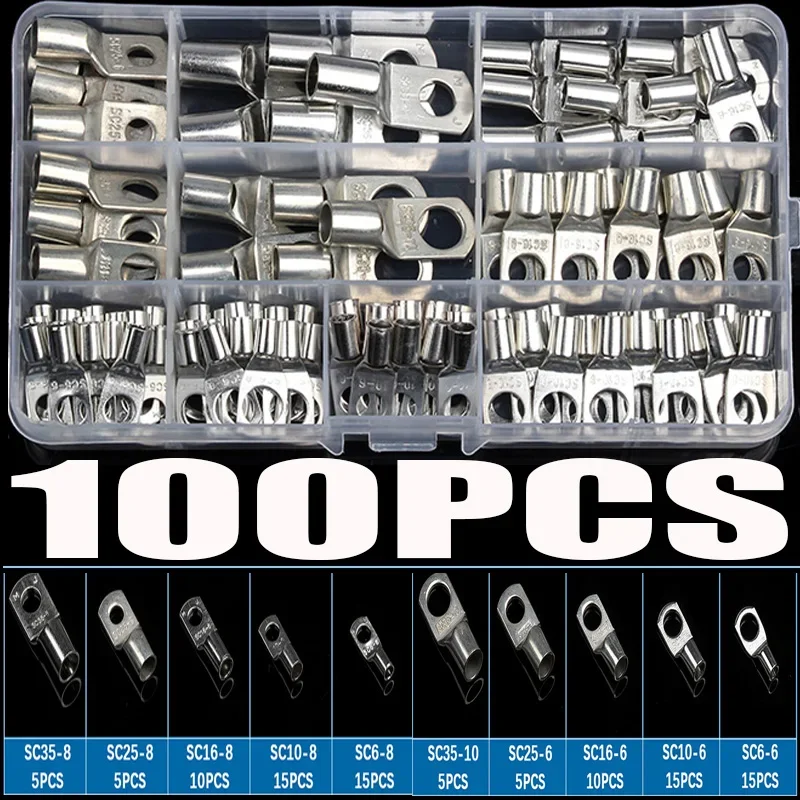100PCS Ring Terminal Cable Shoes Lugs 35mm2 Tinned Copper Lug Wire eye Connectors Bare Terminals Lugs Wire Copper Kit Butt Plug