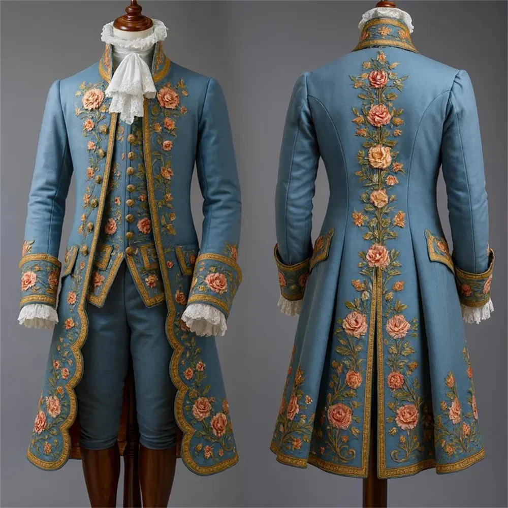 Blauer Rokoko-Barock-Anzug im Stil des 18. Jahrhunderts für Aristokraten und Adligen, Regency-Graf Blumenbedrucktes Ballkleid
