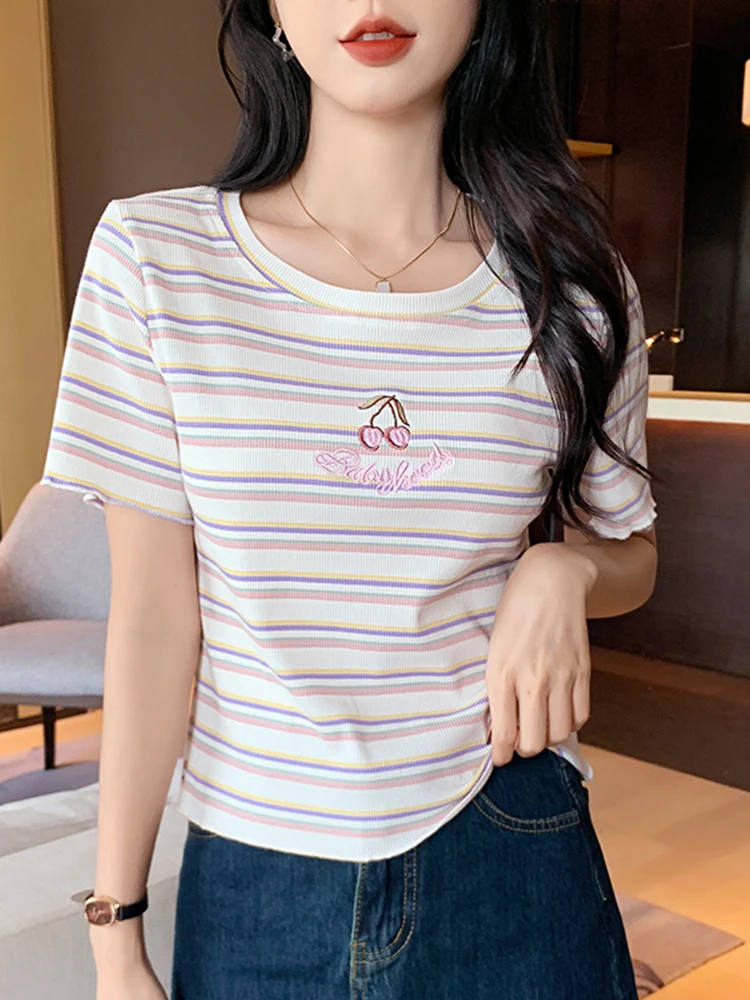 2023 Summer New Student Stripe Short Sleeve T-shirt Women's Embroidery Contrast T-shirt Front Shoulder Short Top