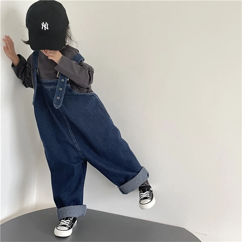 Boys Girls Denim Jumpsuit Blue Loose Wide Leg Suspender Jeans Spring Autumn Casual Overalls Children Casual Romper Pants