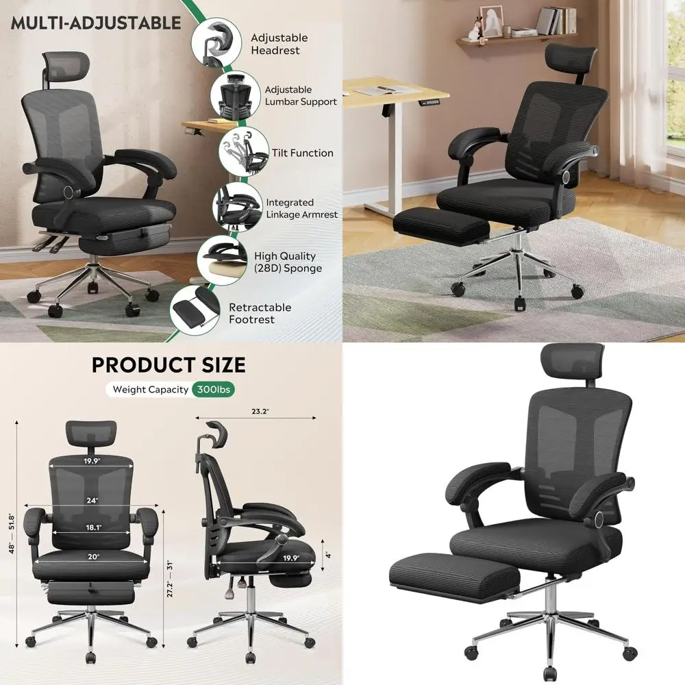 Ergonomic High-Back Mesh Chair with Footrest, Adjustable Lumbar Support for Big and Tall, Reclining Office Desk Chair, Black