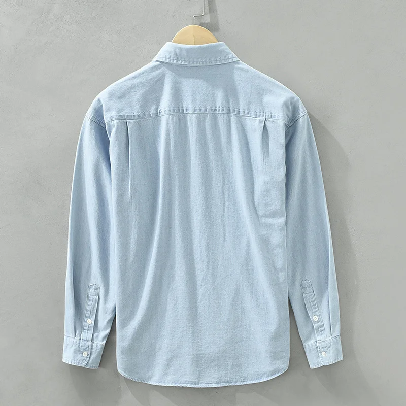 Vintage Denim Shirts for Men Embroidery Bear Long-sleeved Shirt 100% Cotton Casual Simple Japanese Style camisas de hombre