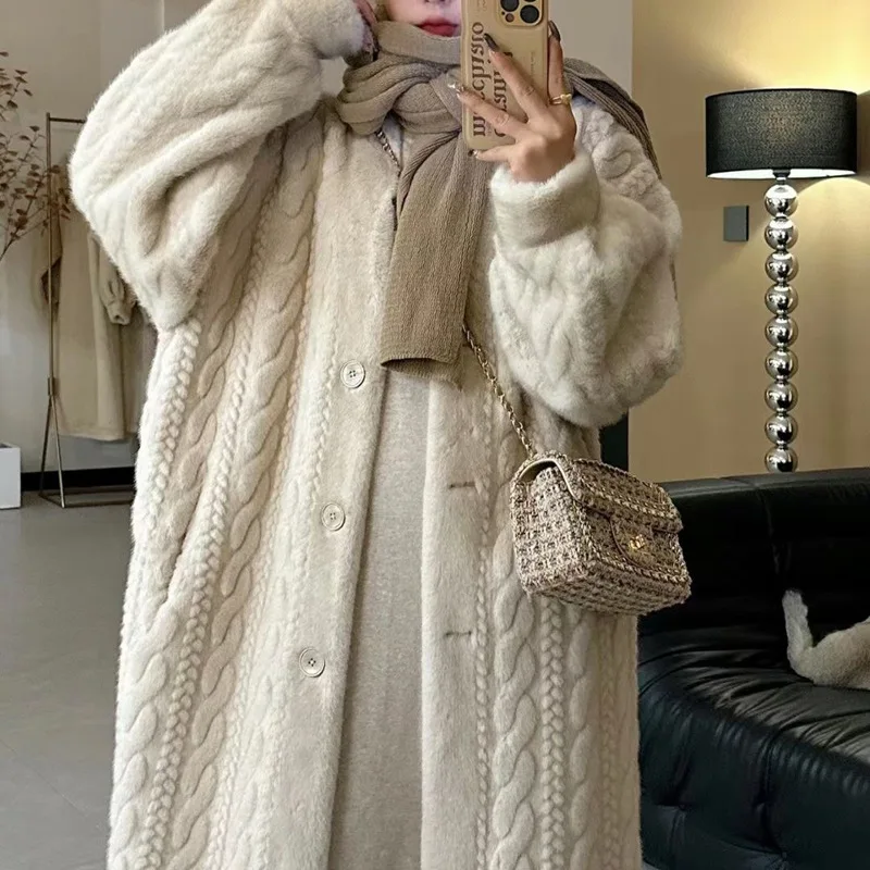 Faux Fur Coat Women Autumn Winter Korean Fashion Thickened Warm V-Neck Single Breasted Slim Long Twist Cardigan Mink Fur Jacket