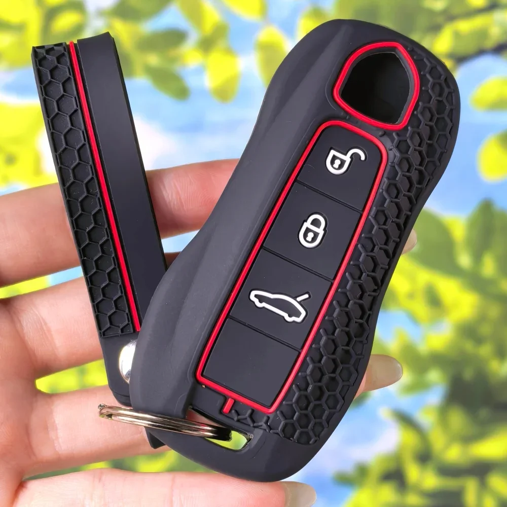 Anti‑Scratch Non‑Slip 3‑Button Key Sleeve With Keychain Chain For Porsche Panamera Cayenne 971 911 9YA Macan Boxster