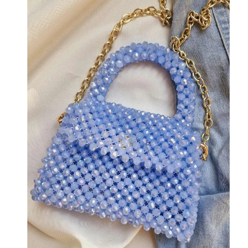 Customizable Crystal Women's Bag Ins Niche Design Bead Chain Crossbody Flip Square Bags Party Banquet New in Ladies Handbag