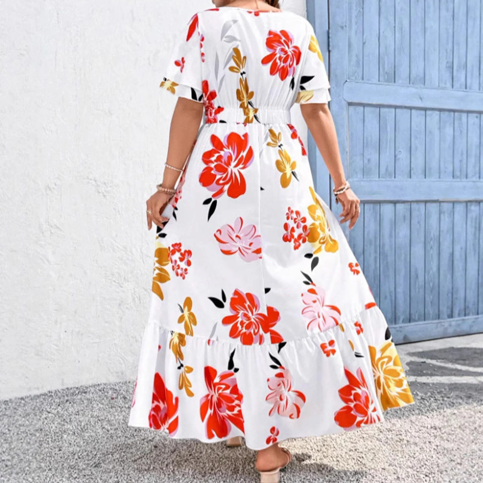 Women's Floral Plus Size Dress Summer Female Loose Round Neck Short Ruffle Sleeve A-line Long Tiered Dress Casual Clothes XXXXL