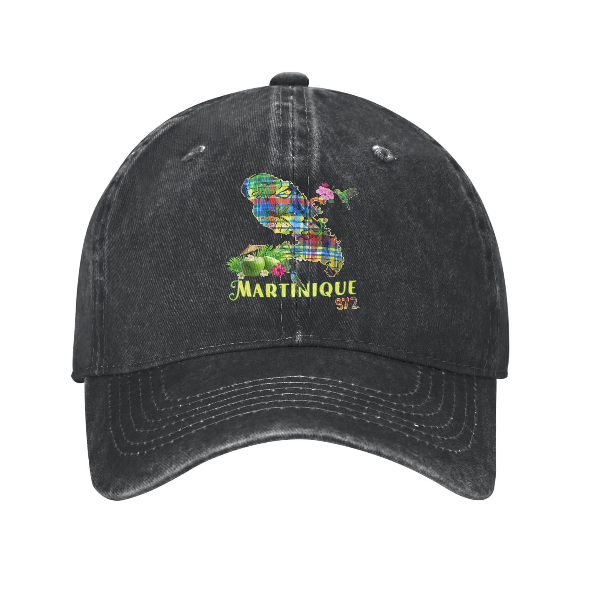 Casual Martinique 972 Map Island Baseball Caps Unisex Distressed Washed Snapback Cap Hummingbird Hibiscus Outdoor Gift Caps Hat