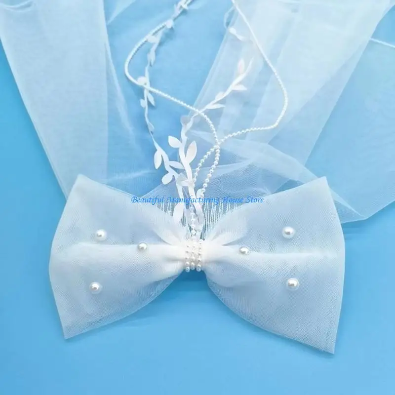 E56A حجاب الزفاف من تول الزفاف مع مستلزمات العروس الأنيقة من اللؤلؤ والعقدة على شكل فيونكة #2