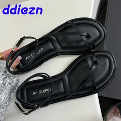 Fashion Buckle Strap Footwear Women Flats Sandals Shoes 2024 Summer Beach Female Casual Flip Flops Ladies Flat With Sandals