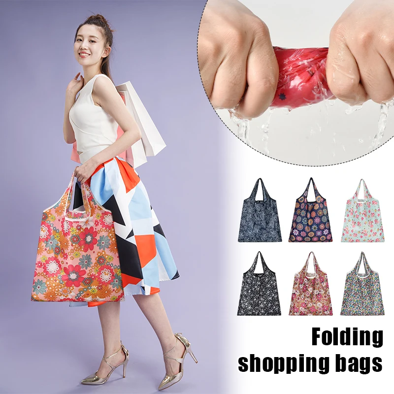 Washable Fashion Reusable Shopping Bags Flower Print Large Capacity Handbags Women Men Grocery Shopping Bag Foldable Travel Bag