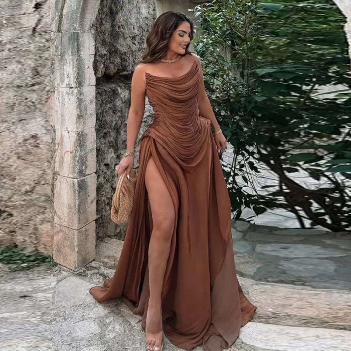 

Brown Sexy High Split Prom Dress Strapless Pleated A Line Evening Gowns Elegant Women Formal Occasion Party Dress Robe De Soiree
