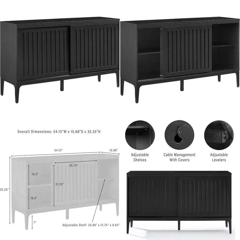 mid-century modern sideboard buffet cabinet, living room storage credenza, matte black finish