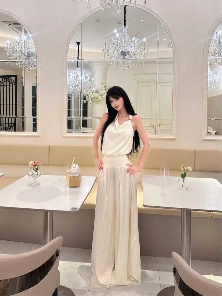

Elegant White And Apricot Metal Buckle Strap Floor-Length Wide Leg Pants Two-Piece Set for Women Summer Casual Style