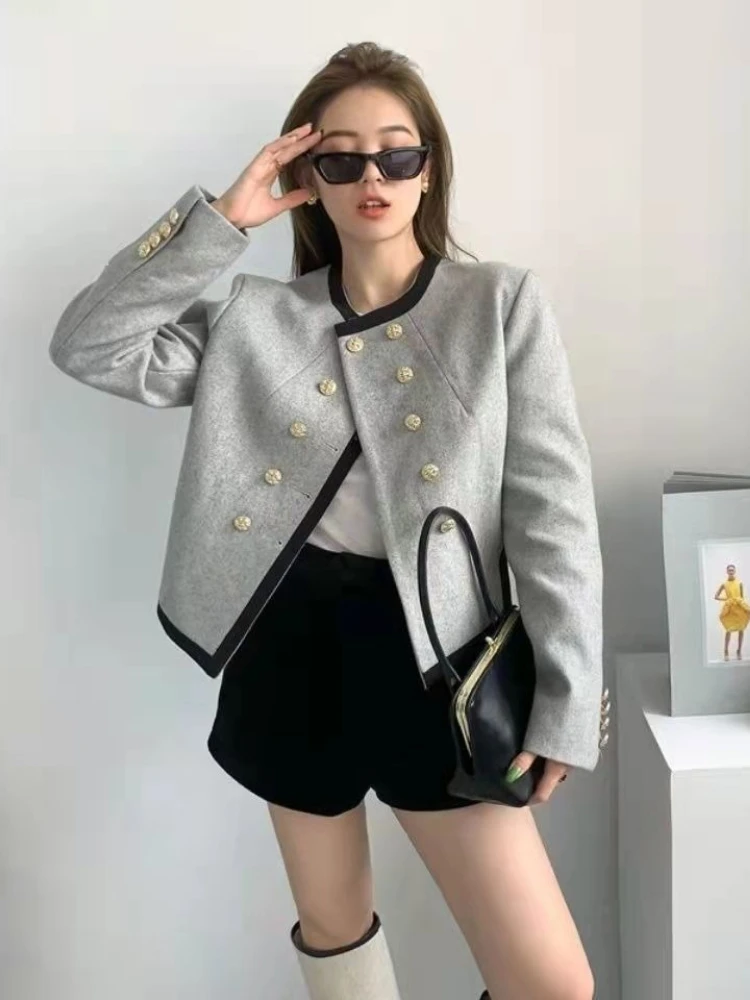 

2025 Spring Fall New Arrival Women Short Gray Irregular Color Blocked Double Breasted British Vibe French Chic Woolen Blazer