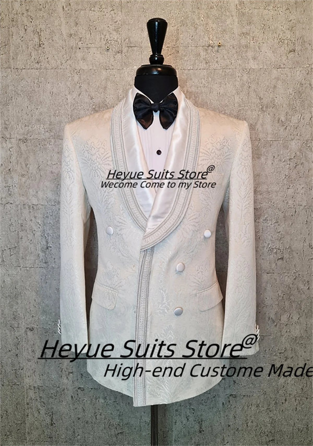 Luxuly Hand Embroidered White Damask Print Silk Jacquard Double Breasted Groom Wedding Tuxedos 2 Pcs Sets Elegant Costume Homme