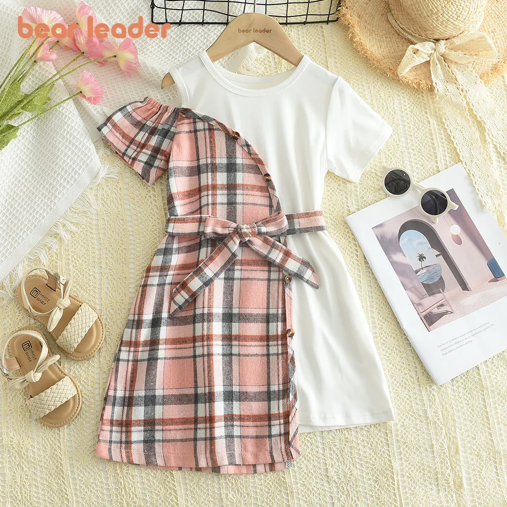 Bear Leader Summer Dresses Bow Baby Girls Clothes Plaid Ptachwork Dress Off Shoulder Irregular Dress Kids Casual Clothing